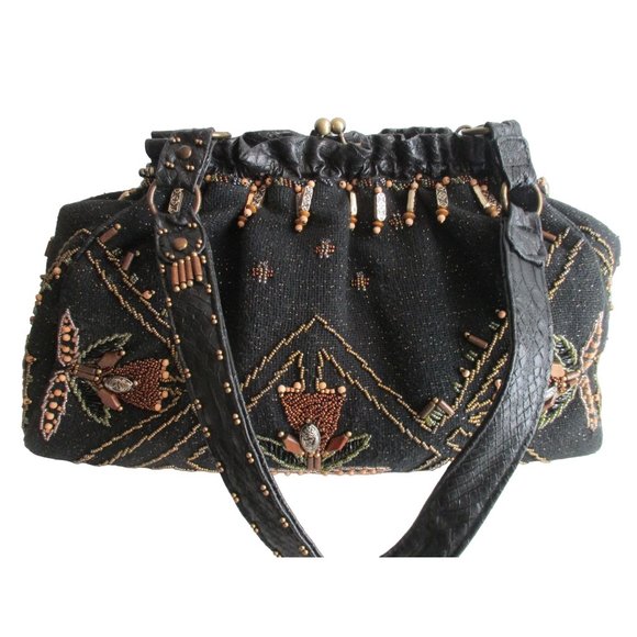 *Mary Frances Vintage Brown Beaded Satchel Tulip Motif Seed and Wooden Beads - Picture 4 of 14